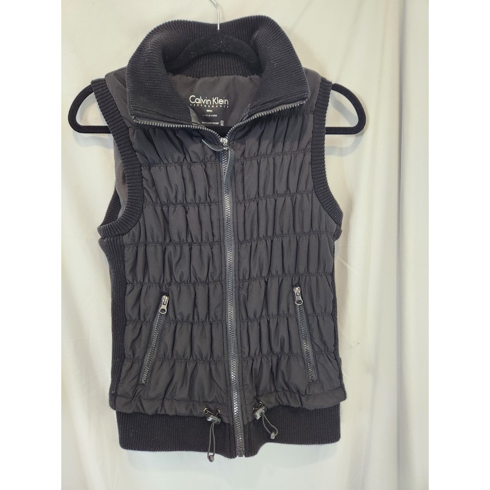 Calvin Klein Performance Womens Small Black Ruched Puffer Vest Ribbed Knit Trim
